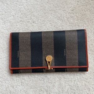 Vintage Fendi Brown & Black Striped Canvas Wallet with Gold Turn-Lock